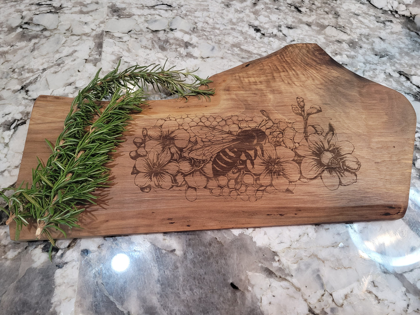 Custom Charcuterie Board featuring a Laser-Engraved Bee scene on Walnut.