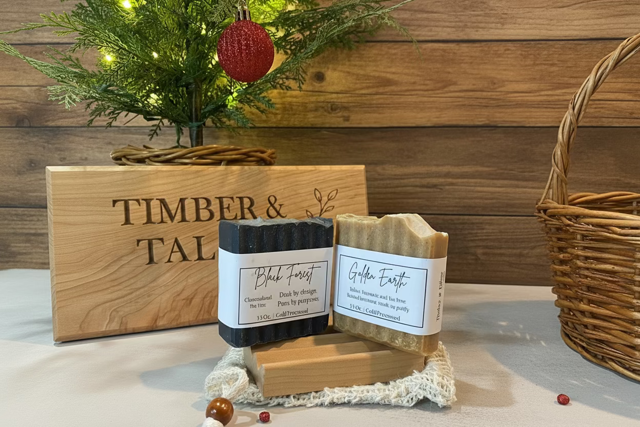Two bars of soap with labels on a wooden stand with 'Timber & Tail' branding, against a wooden background.