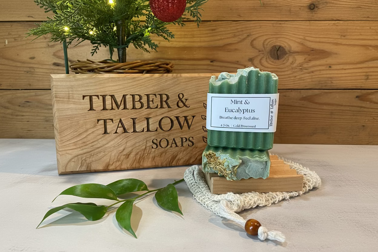 Two bars of soap on a wooden stand with a wooden box labeled 'Timber & Tallow Soaps' in the background.