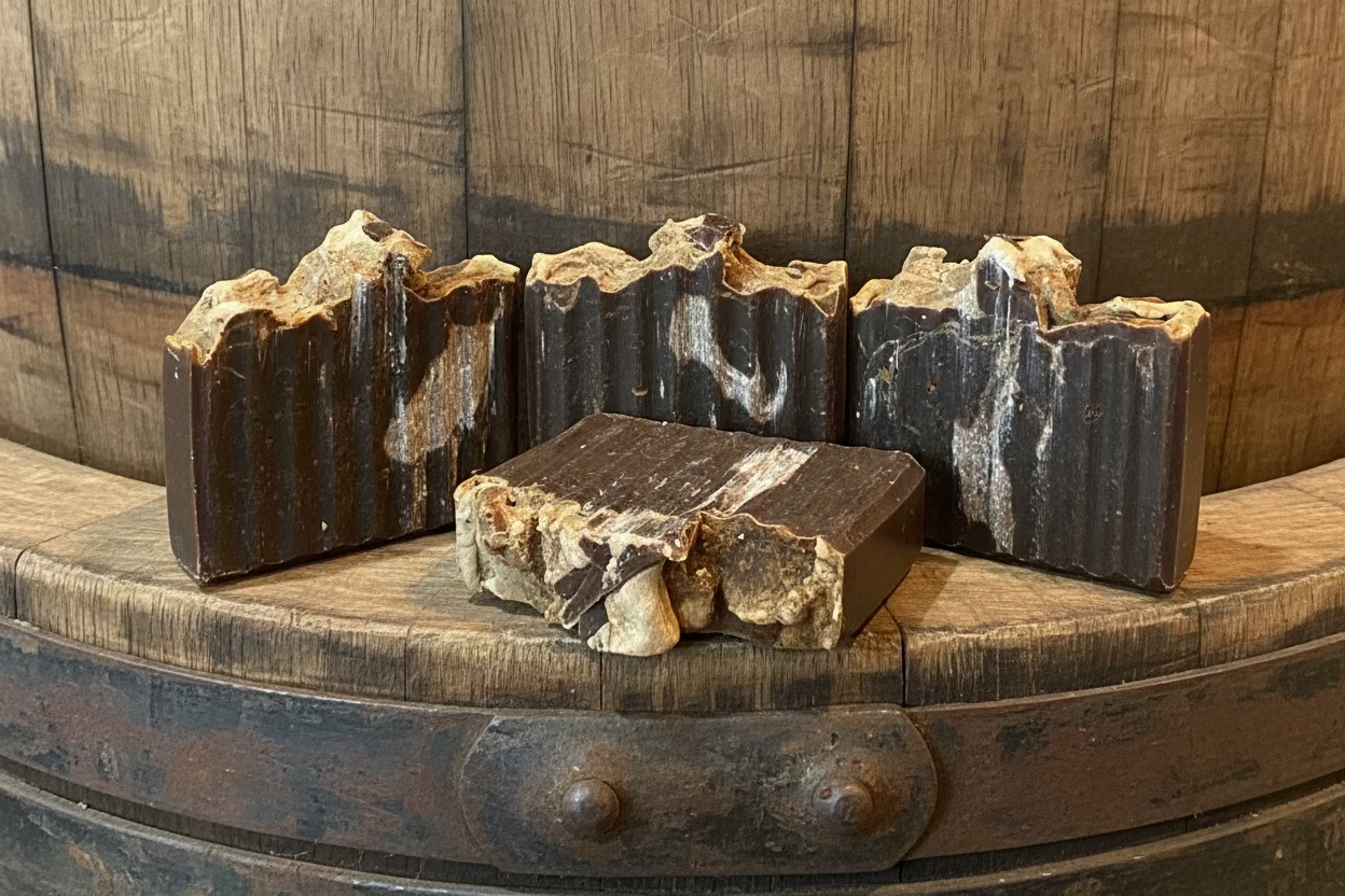 Five pieces of dark soap with a natural, rough texture on a wooden surface.