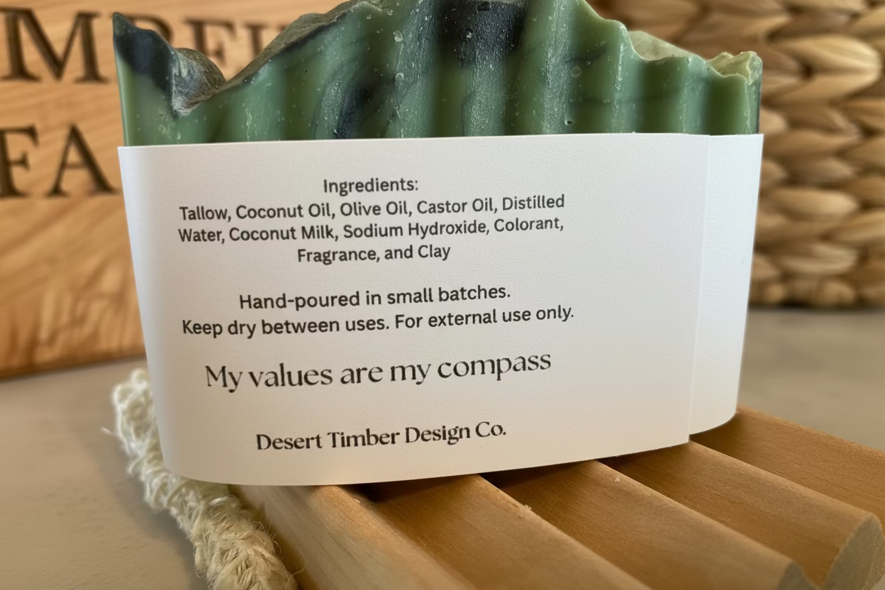 Green bar of soap with a label on a wooden surface