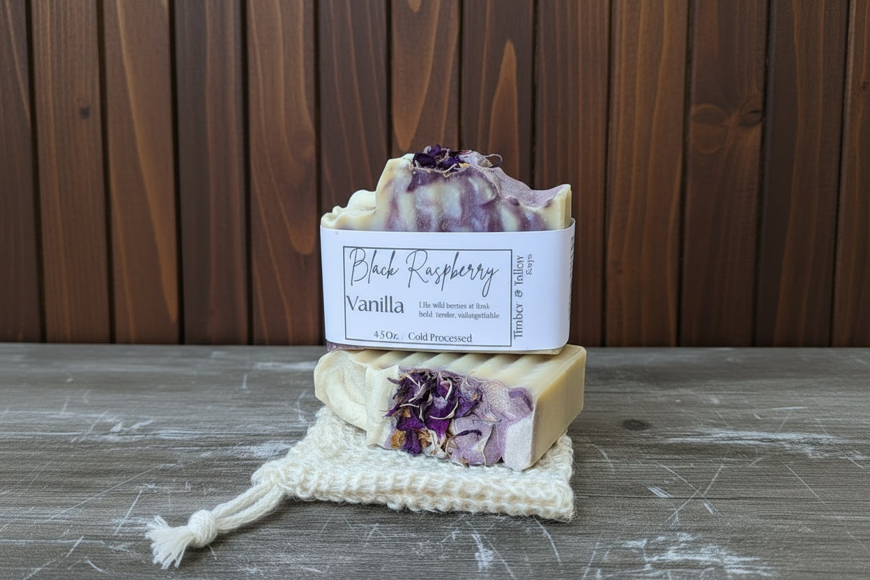 Two bars of soap with a label reading 'Black Raspberry Vanilla' on a wooden surface.