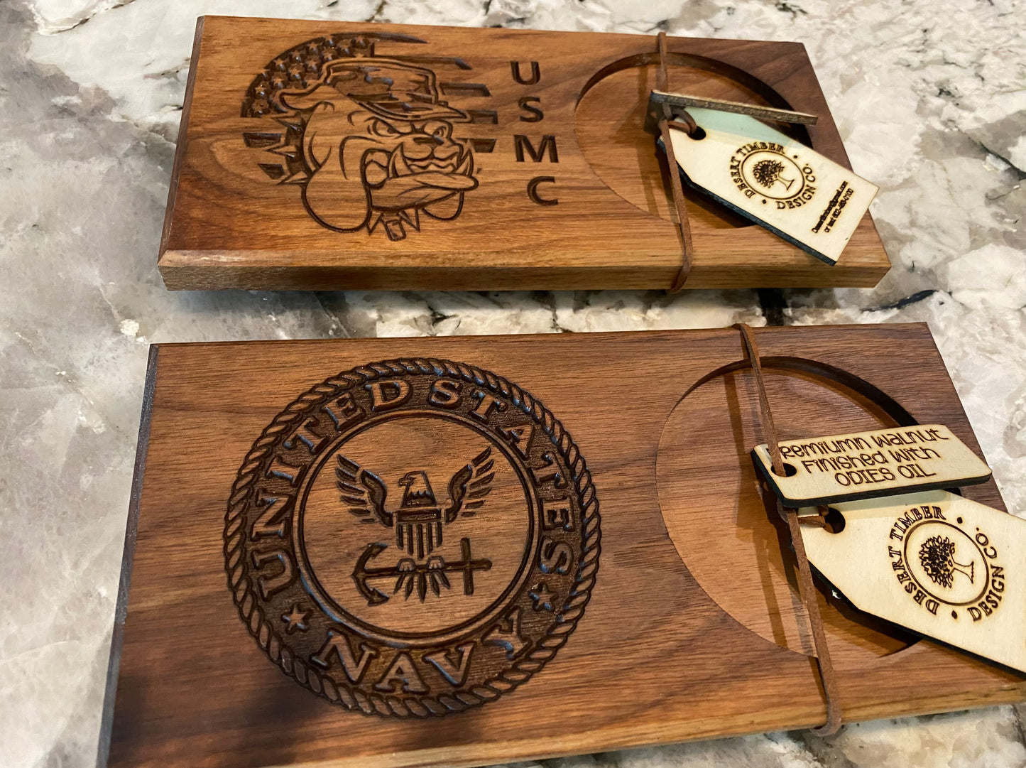 Walnut Beverage Holder with Laser-Engraved American Eagle and Veteran