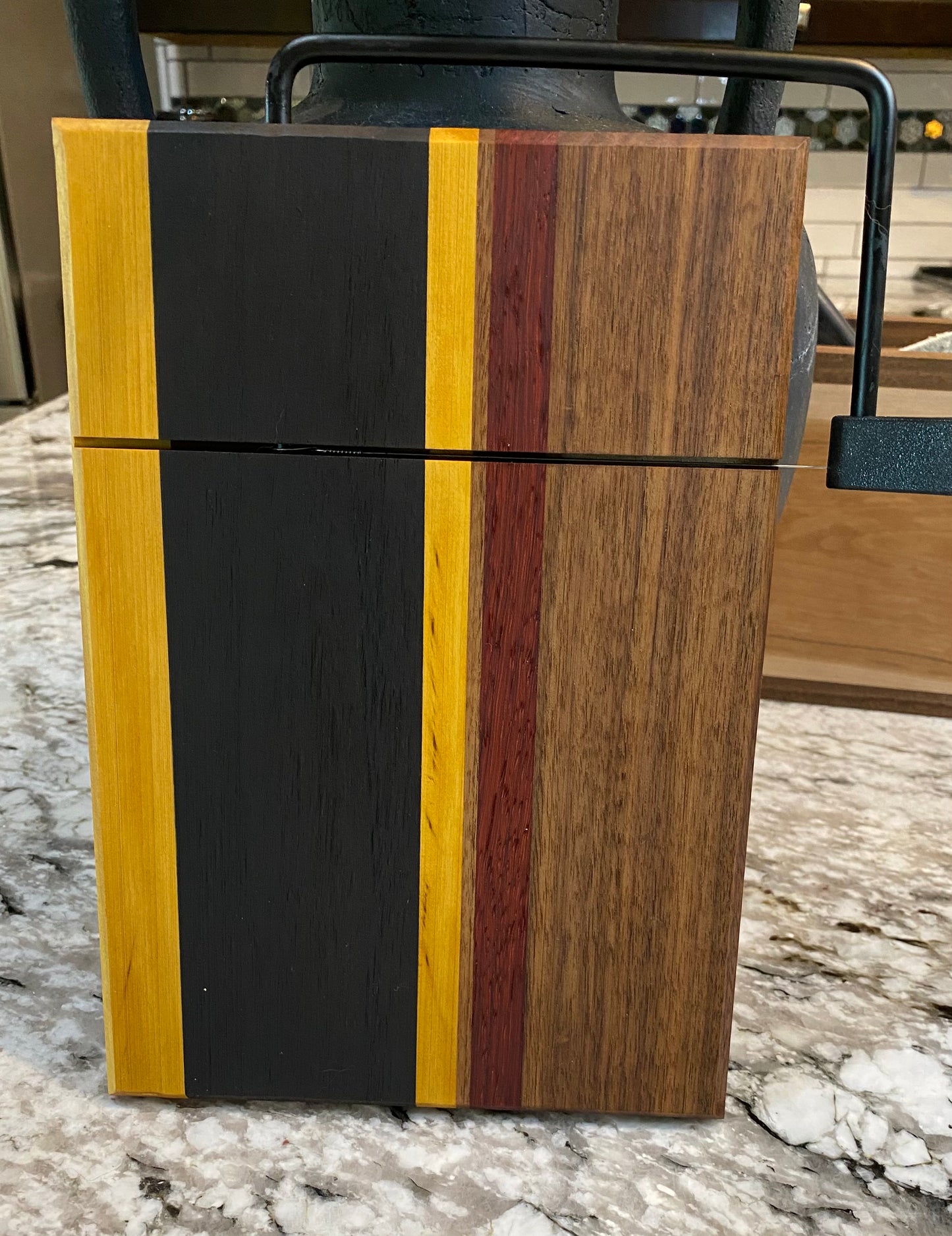 Exotic Wood Cheese Board Cutter with Yellow Heart, Padauk, Walnut and Roasted Pecan