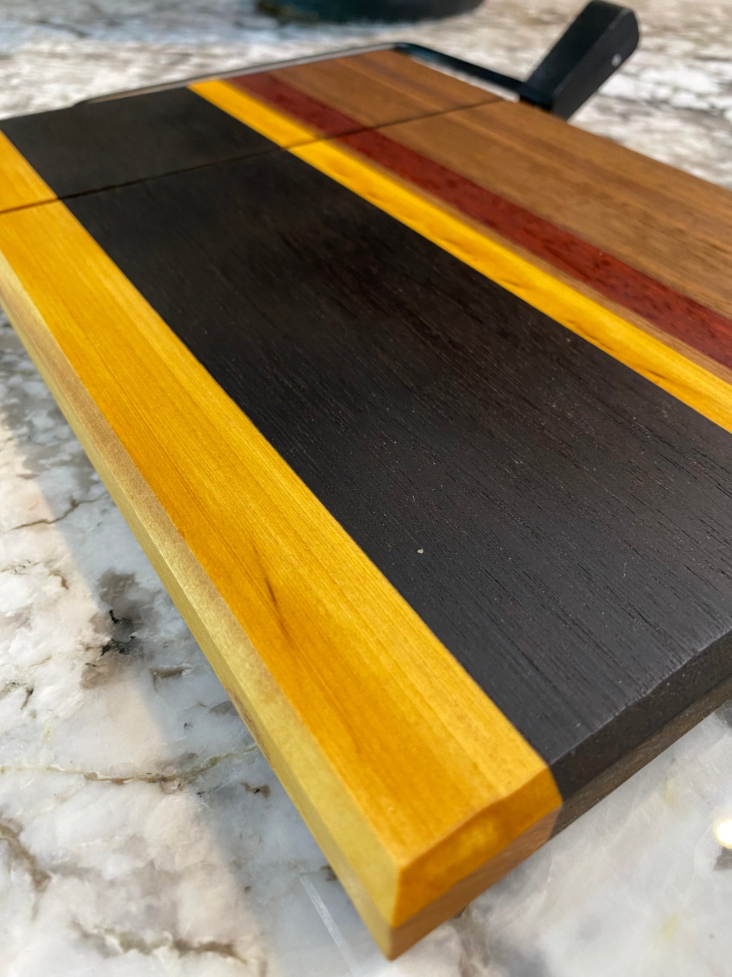 Exotic Wood Cheese Board Cutter with Yellow Heart, Padauk, Walnut and Roasted Pecan
