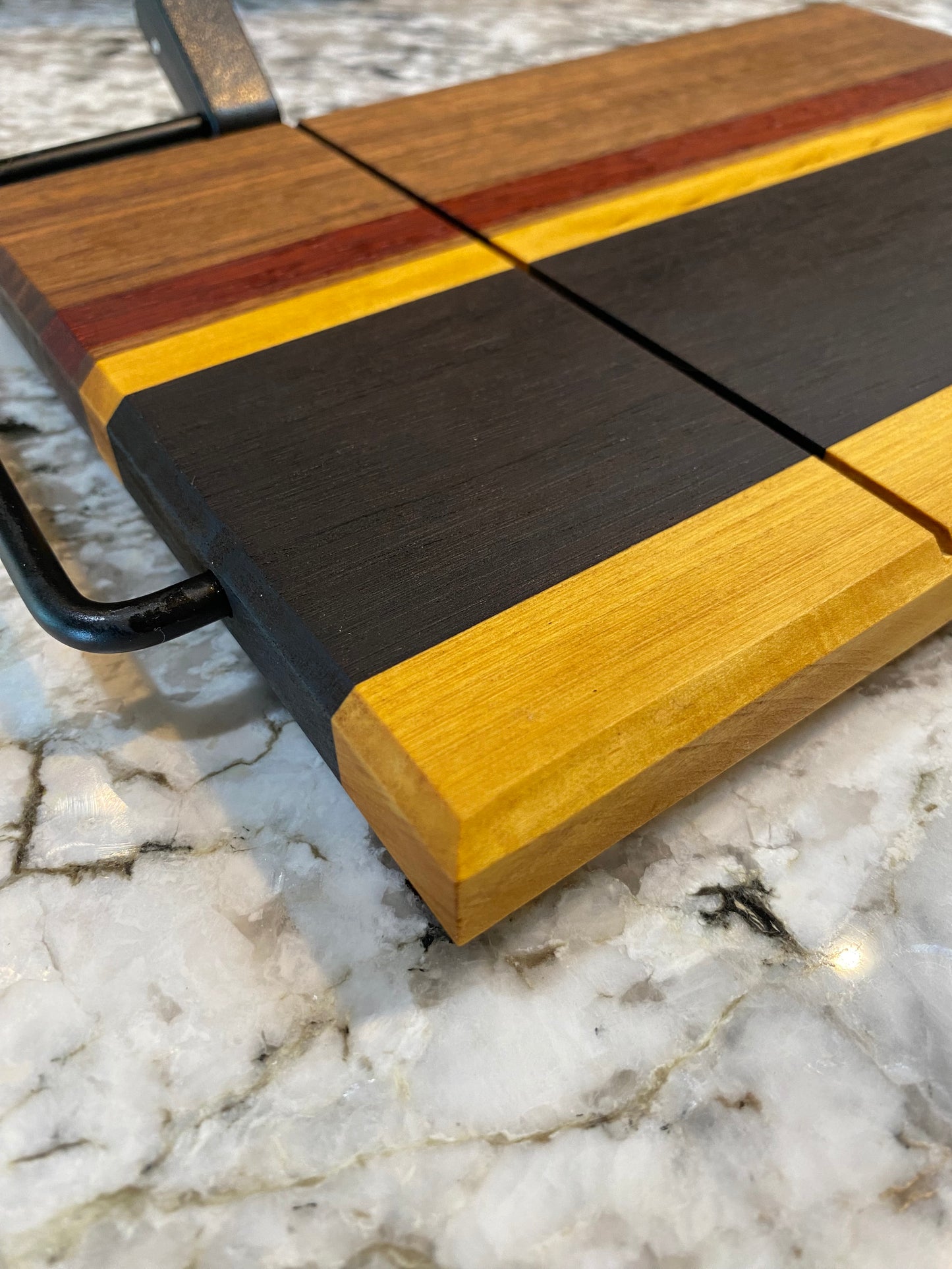 Exotic Wood Cheese Board Cutter with Yellow Heart, Padauk, Walnut and Roasted Pecan