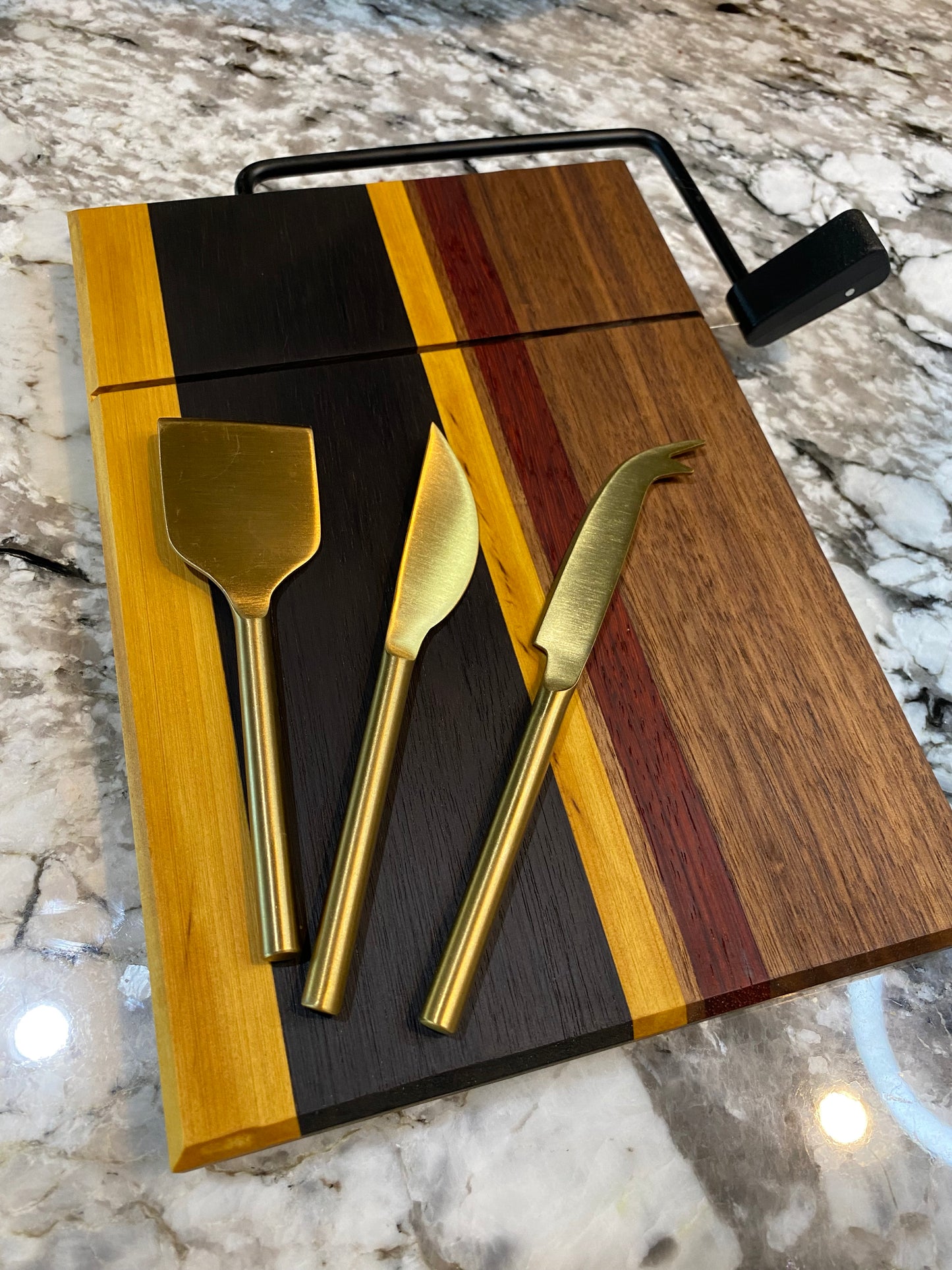 Exotic Wood Cheese Board Cutter with Yellow Heart, Padauk, Walnut and Roasted Pecan