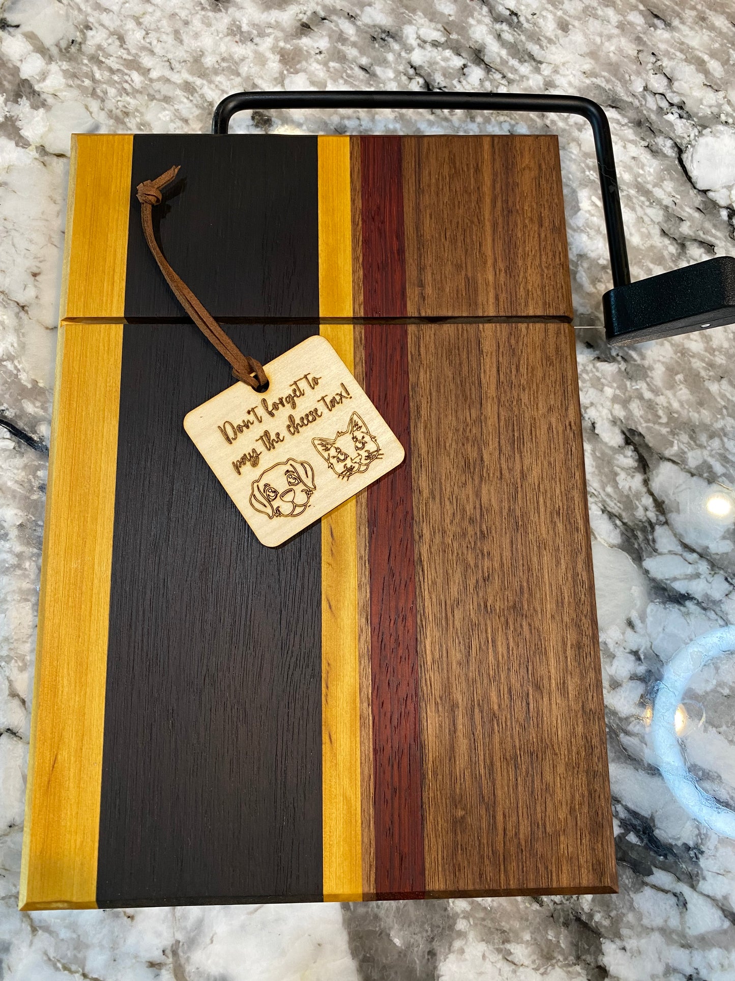 Exotic Wood Cheese Board Cutter with Yellow Heart, Padauk, Walnut and Roasted Pecan