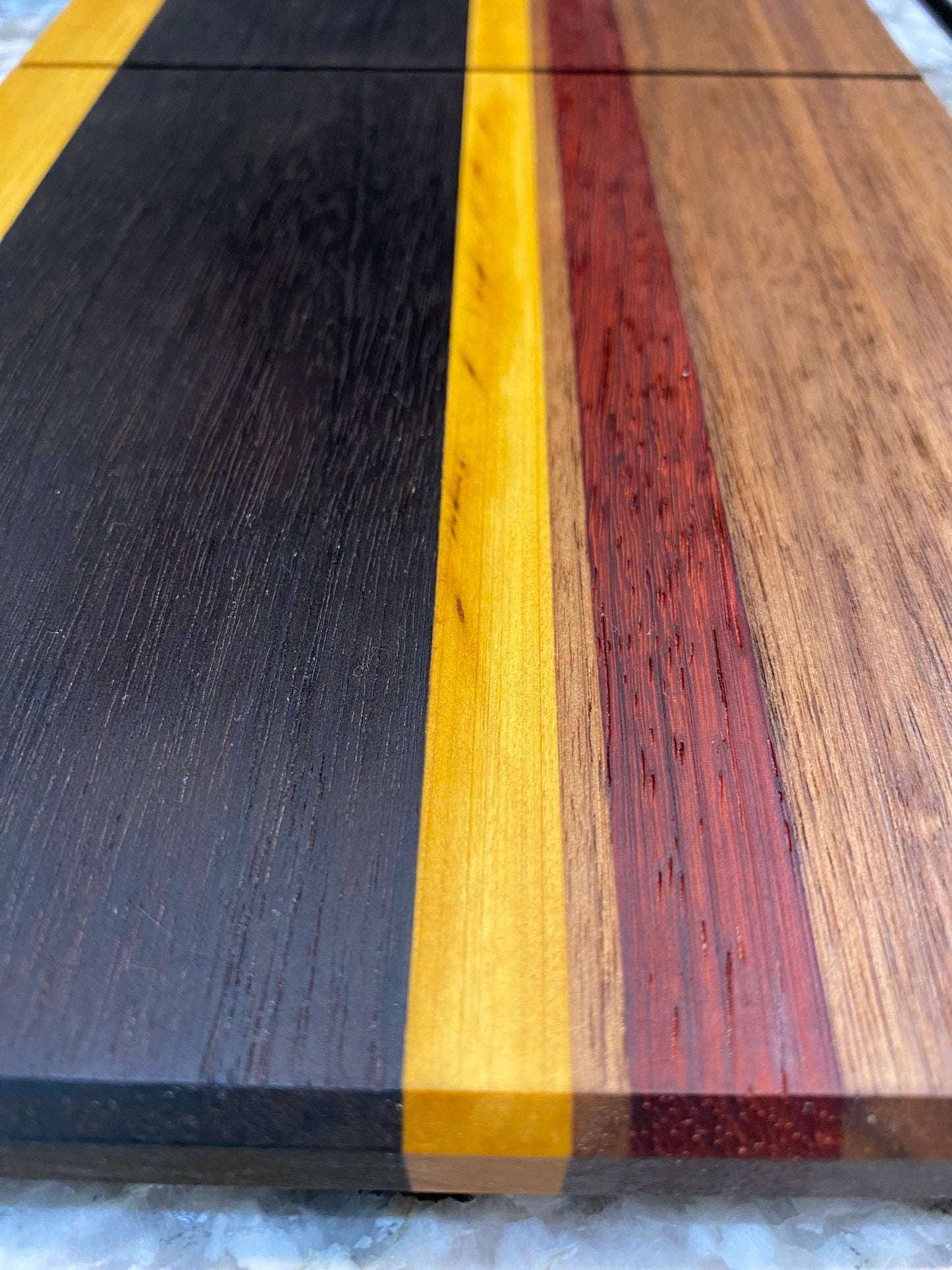 Exotic Wood Cheese Board Cutter with Yellow Heart, Padauk, Walnut and Roasted Pecan