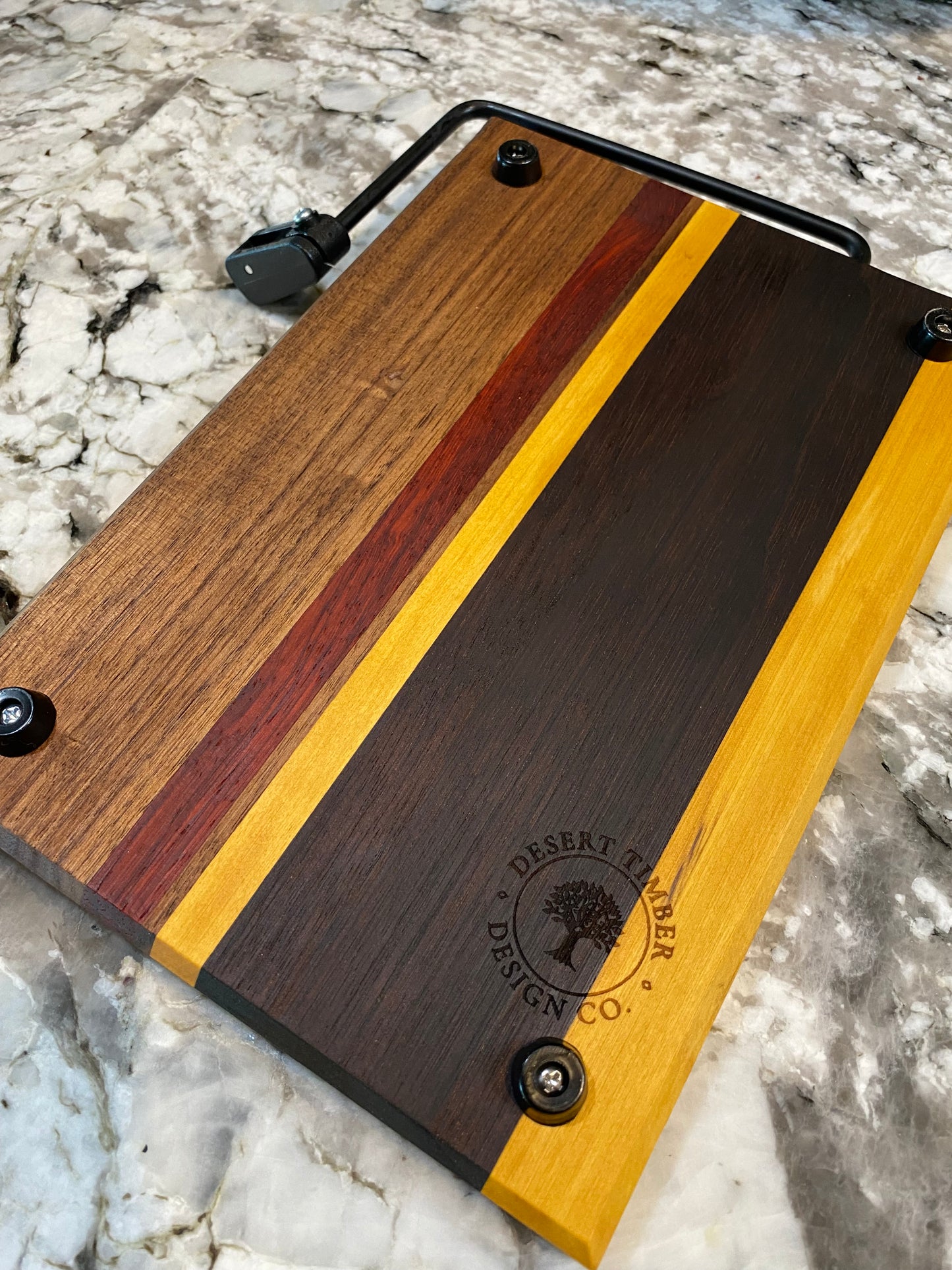 Exotic Wood Cheese Board Cutter with Yellow Heart, Padauk, Walnut and Roasted Pecan