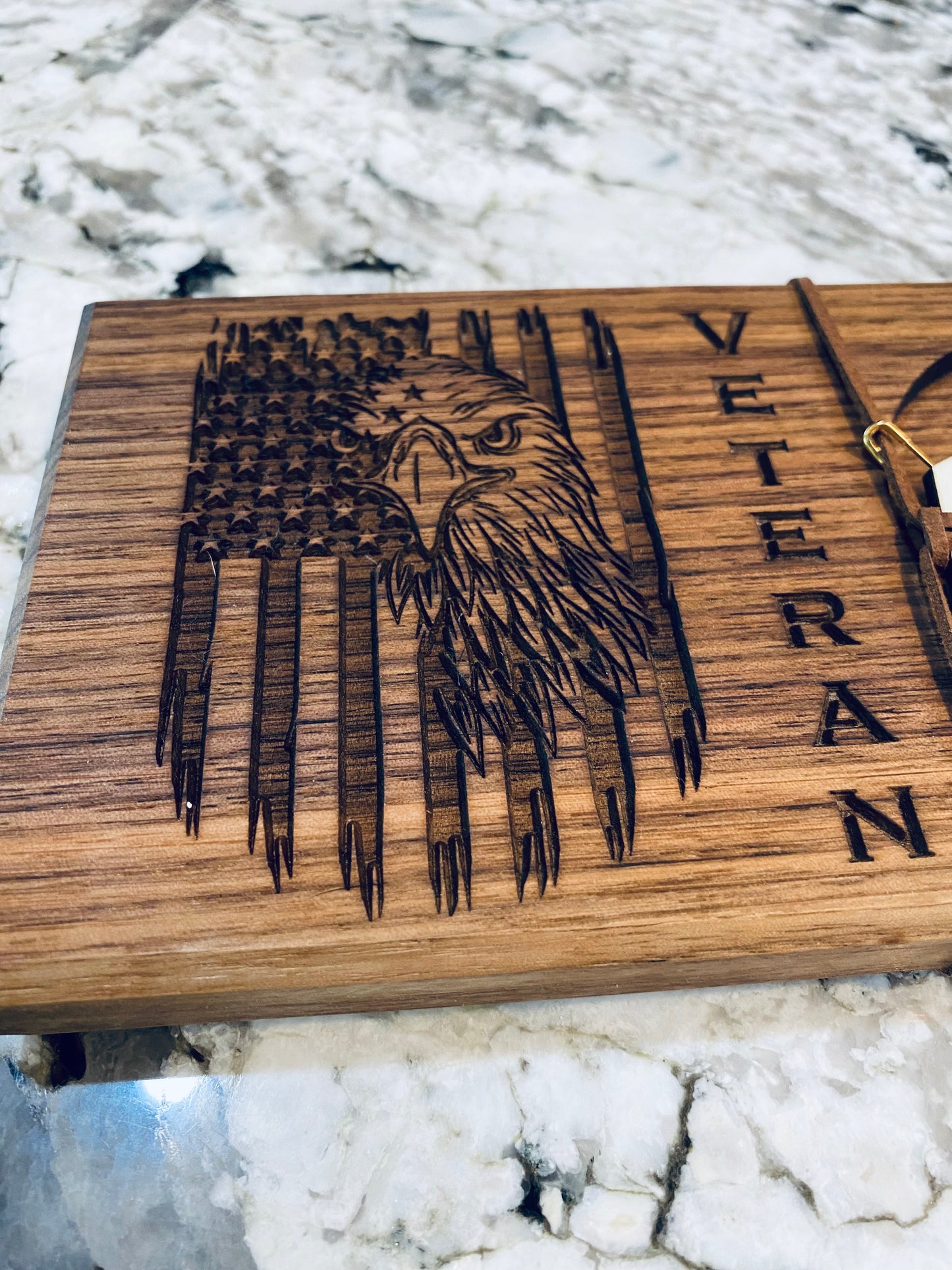 Walnut Beverage Holder with Laser-Engraved American Eagle and Veteran