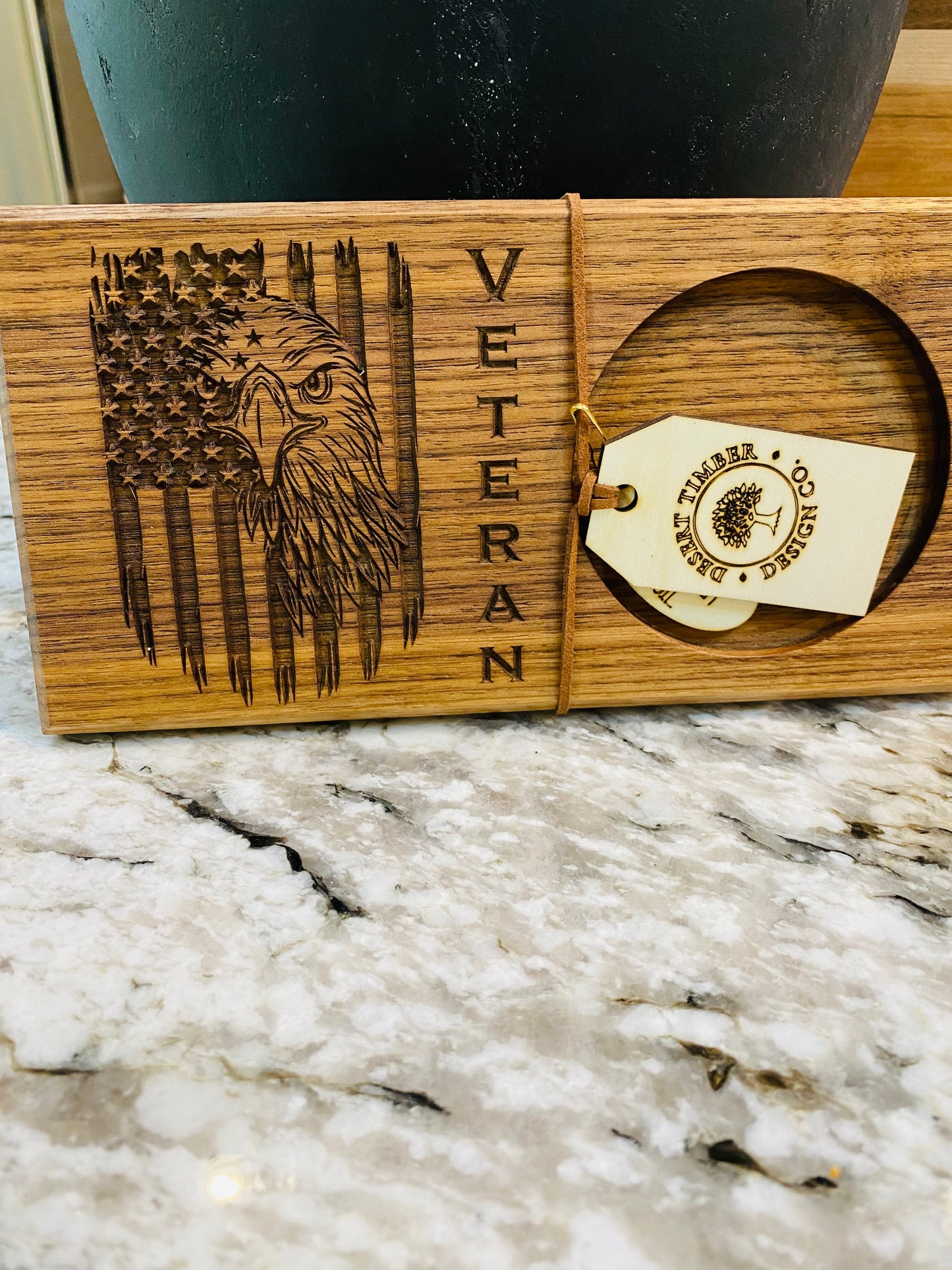 Walnut Beverage Holder with Laser-Engraved American Eagle and Veteran