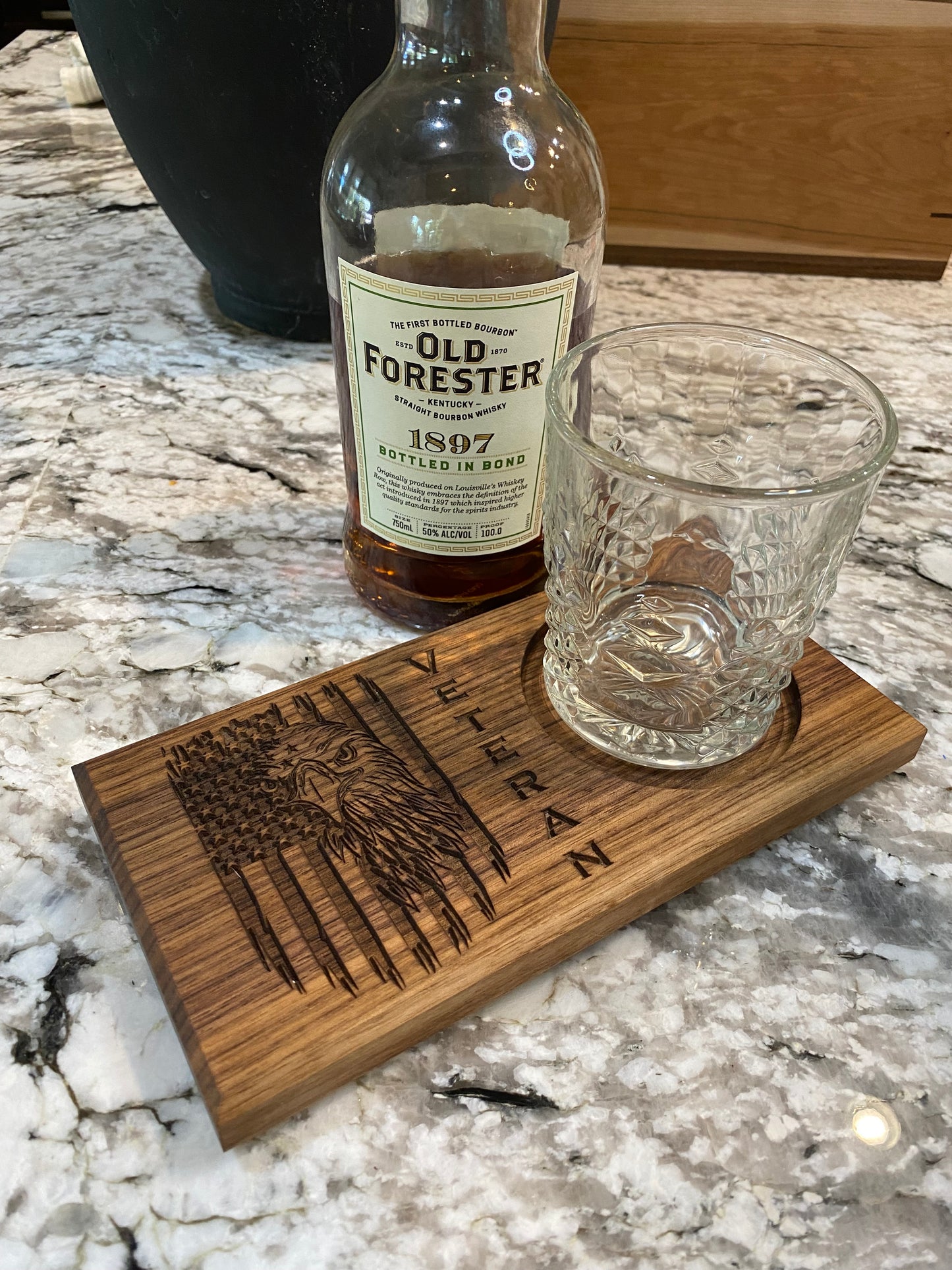 Walnut Beverage Holder with Laser-Engraved American Eagle and Veteran