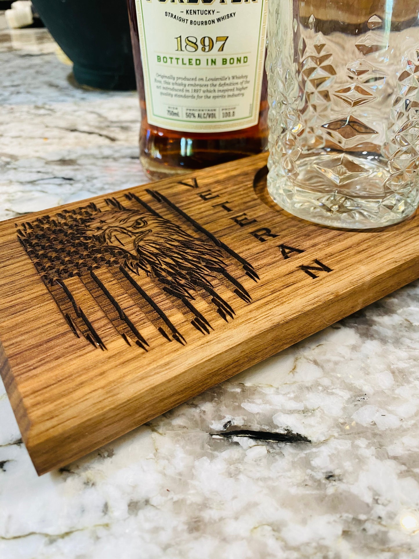 Walnut Beverage Holder with Laser-Engraved American Eagle and Veteran