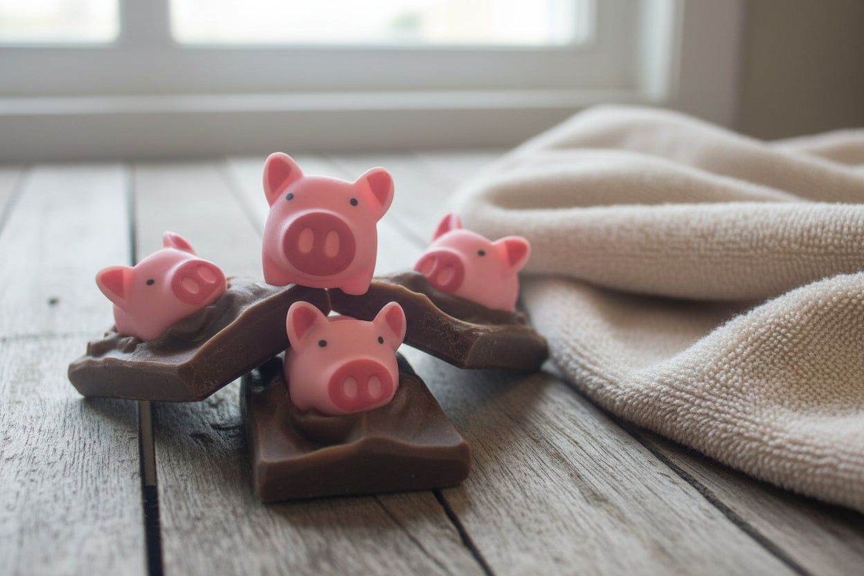 Three pink pig figurines on a brown stand with a neutral background