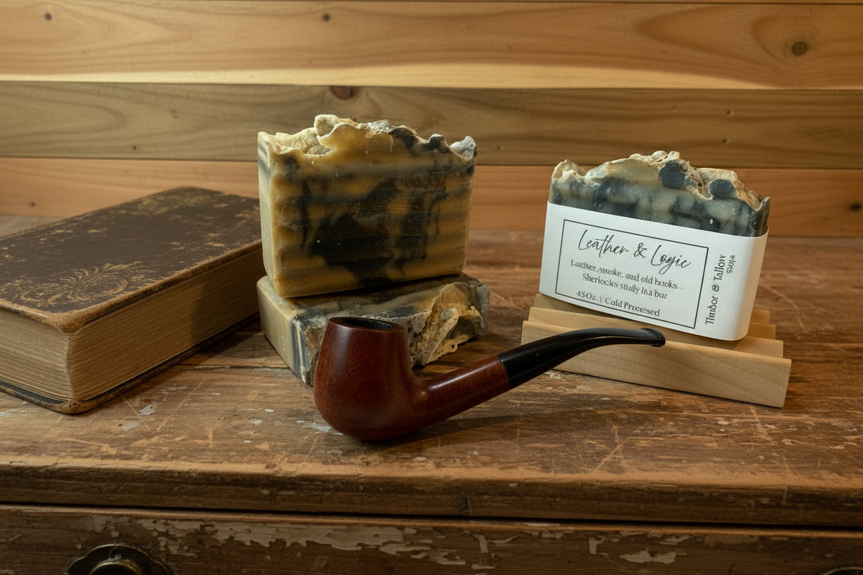 Two bars of soap on a wooden surface with an old book and a pipe.
