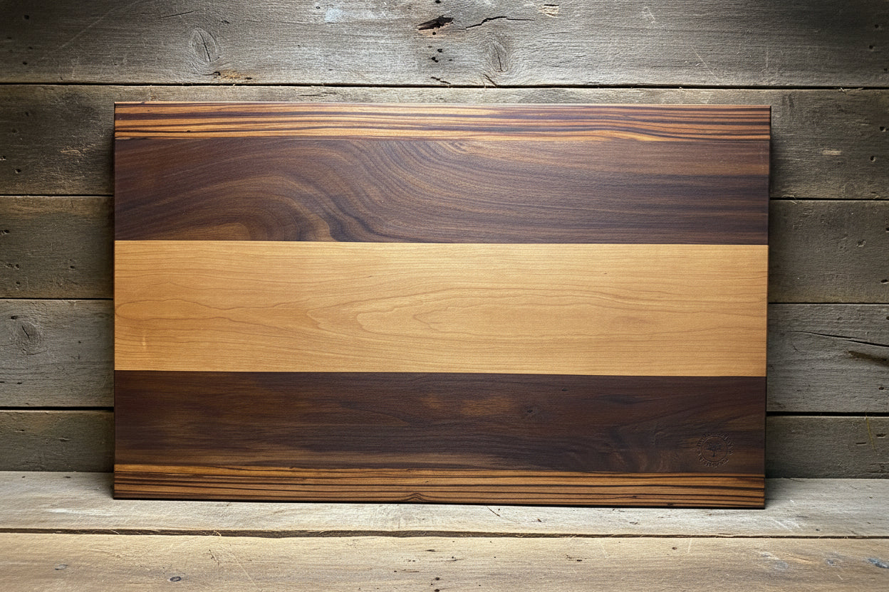 Wooden cutting board with striped pattern against a wooden background