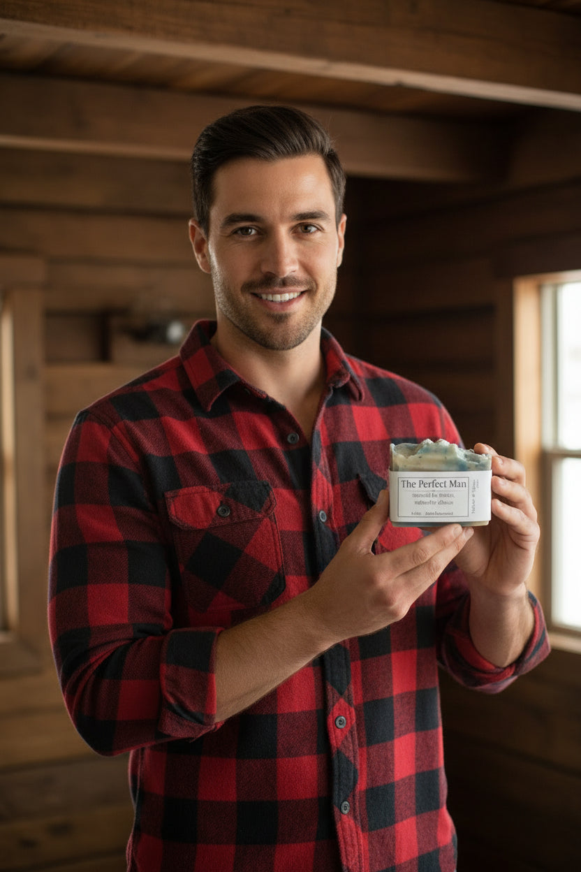 A rustic man holding a bar of The Perfect Man Tallow soap