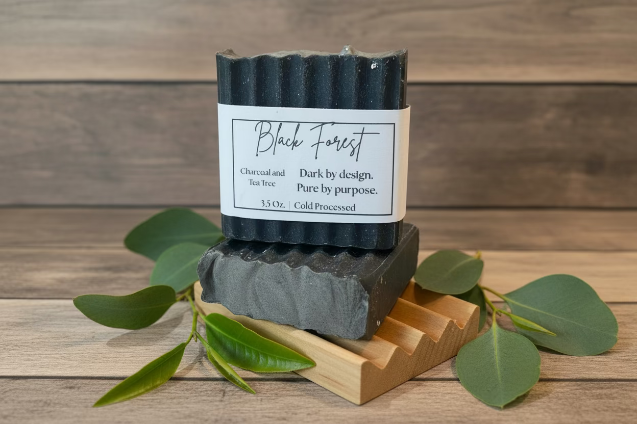Bar of Black Forest Charcoal and Tea Tree Soap with a label on a wooden stand, surrounded by green leaves, against a wooden background.