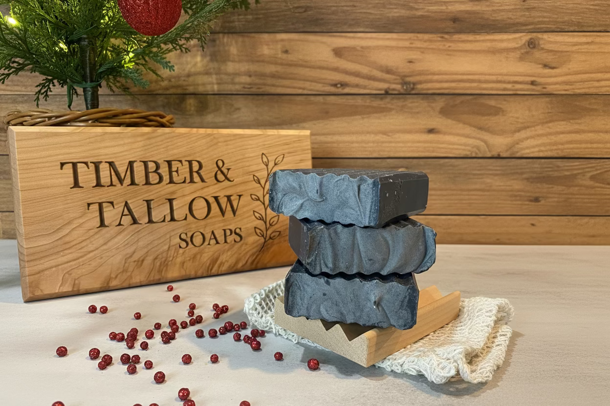 Stack of black soaps on a wooden soap dish with a 'Timber & Tallow Soaps' box in the background.