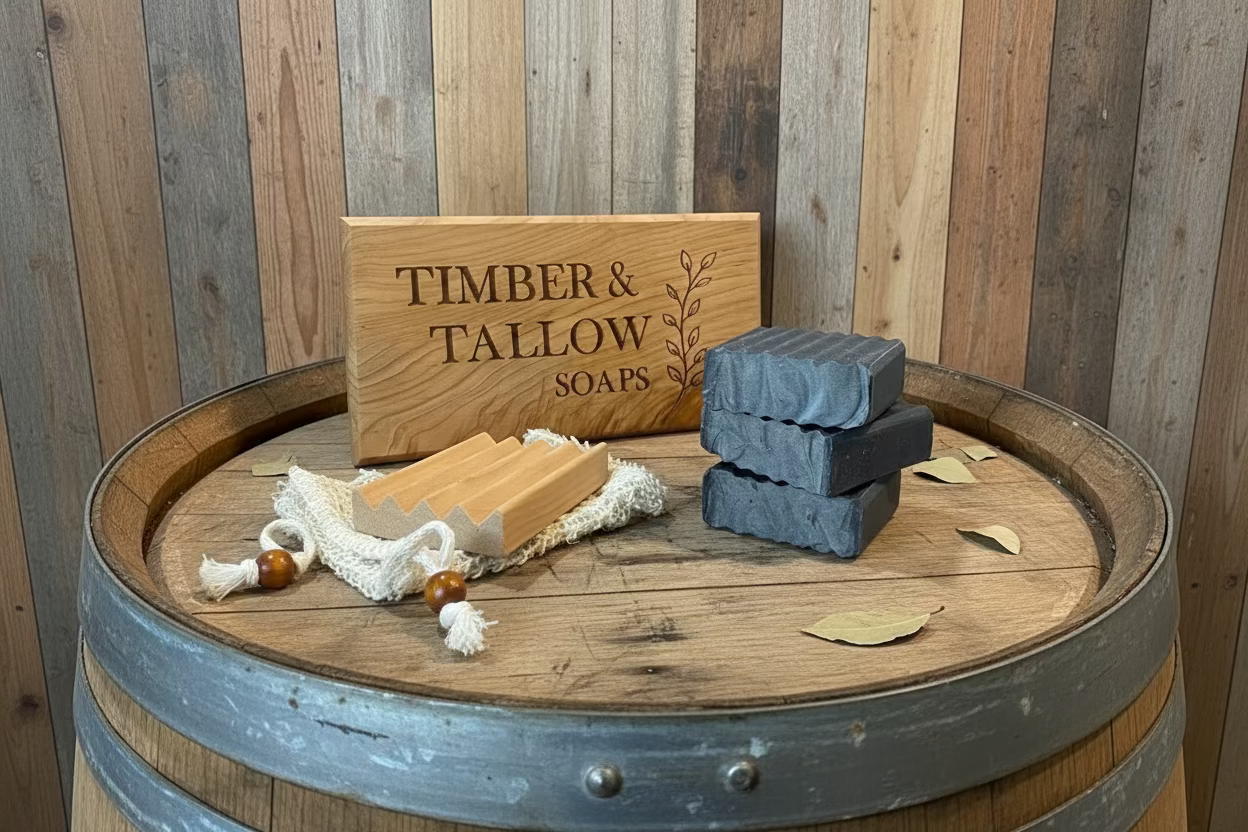 Three bars of soap on a wooden barrel with 'Timber & Tallow Soaps' branding.
