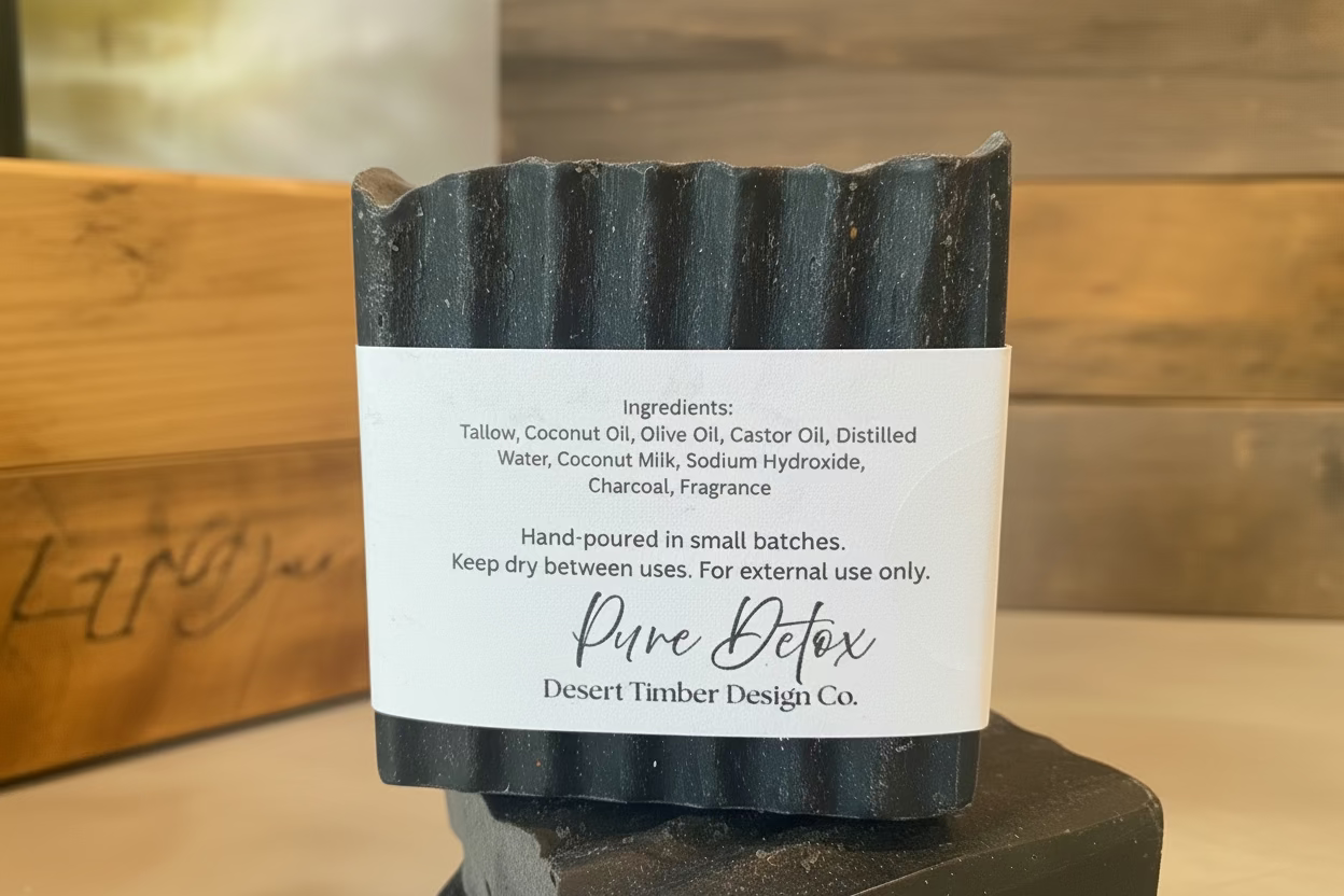 Black soap bar with a label on a wooden surface