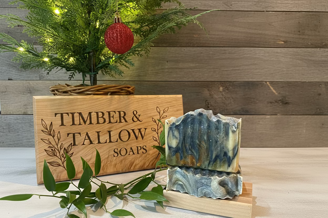 Two soap bars on a wooden stand with 'Timber & Tallow Soaps' sign against a wooden wall.