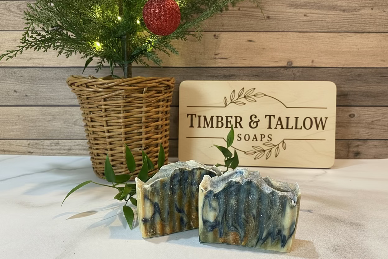 Two soap bars with marbled design on a wooden surface, next to a 'Timber & Tallow Soaps' sign.