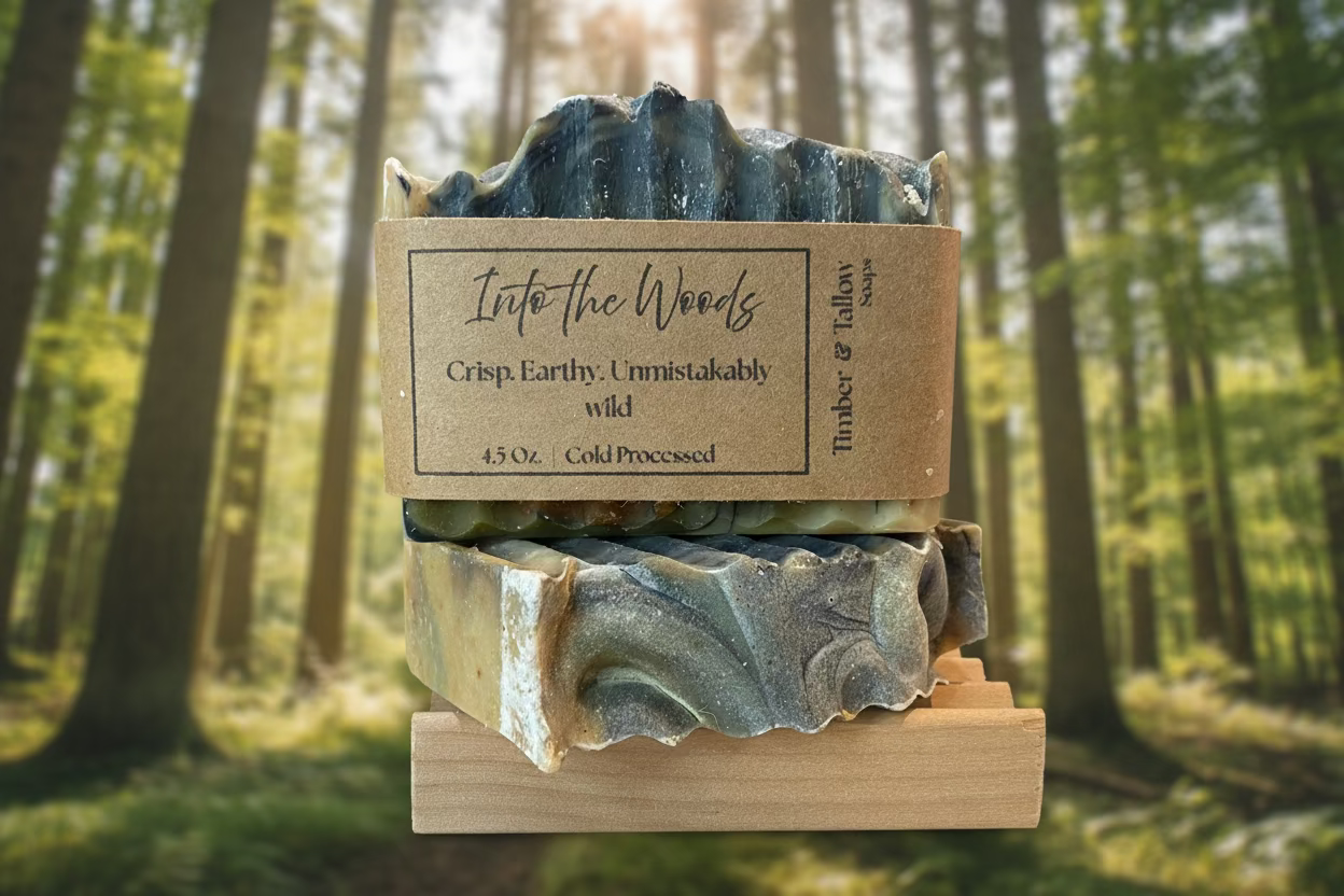Two bars of soap on a wooden stand with a 'Into the Woods' label against a forest background.
