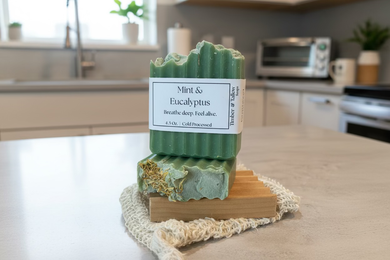 Two green soap bars on a wooden block with a label in a kitchen setting.