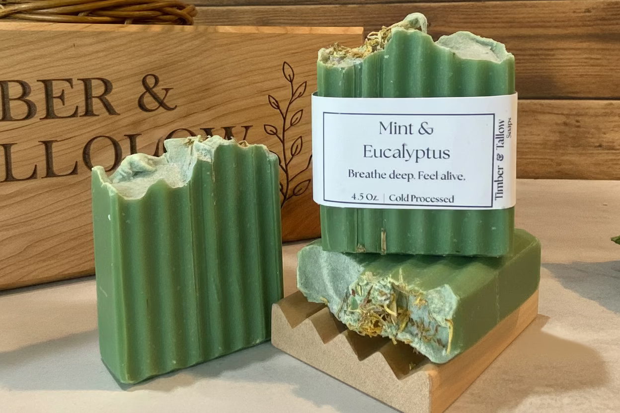 Green soap bars with 'Mint & Eucalyptus' label on a wooden background