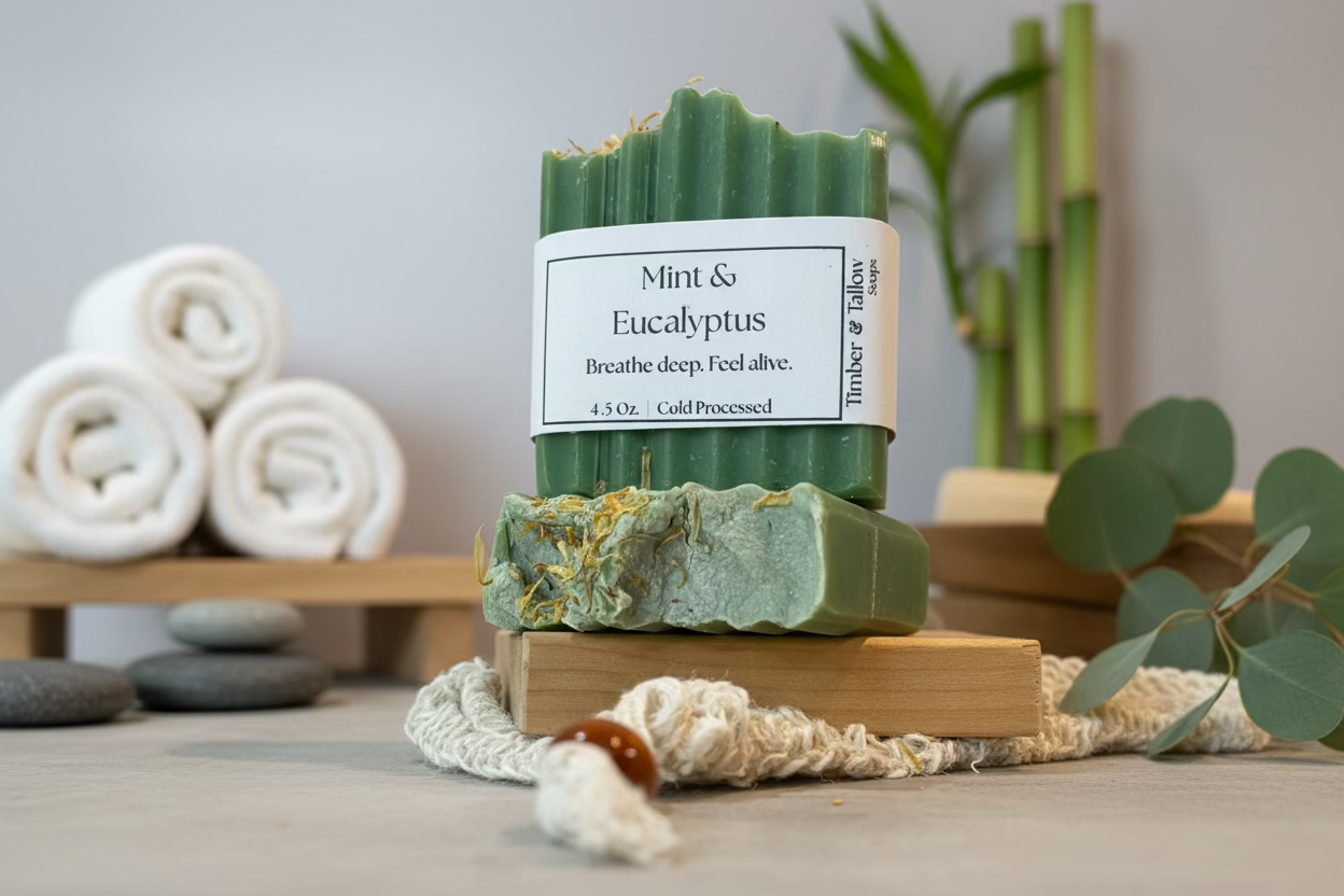 Green soap bar with a label on a wooden stand, surrounded by rolled towels and plants.