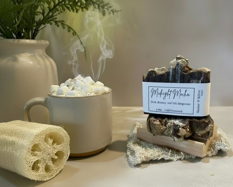 Bar of soap with a label and a steaming cup of hot cocoa.