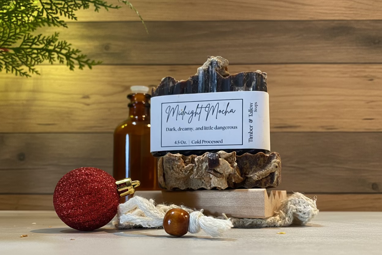 Bar of soap with a label on a wooden stand, surrounded by decorative items against a wooden background.