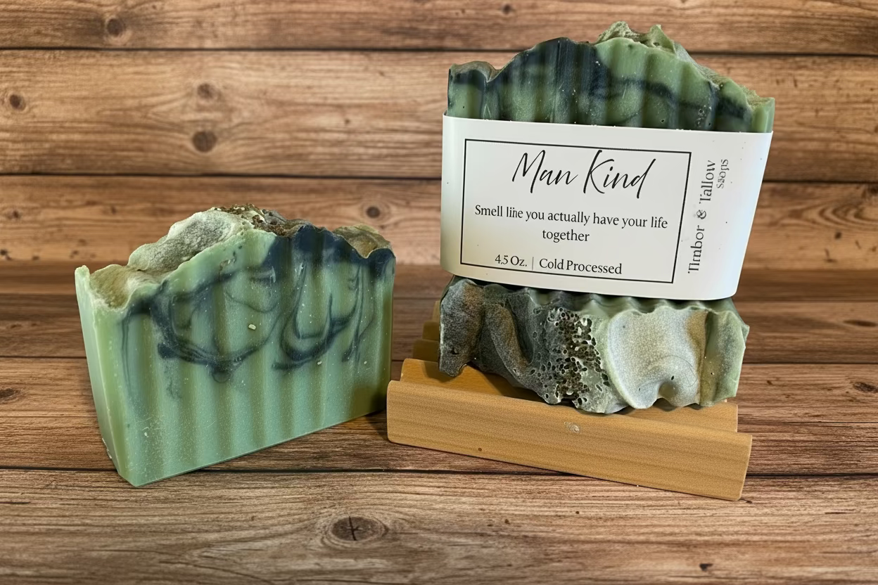 3 soaps on a tray with a wood background