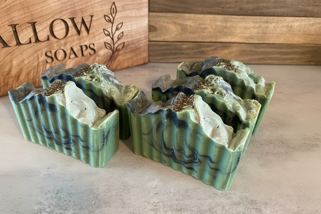 Green and black soap bar with decorative top on a neutral background, featuring 'Timber and Tallow Soaps' branding.
