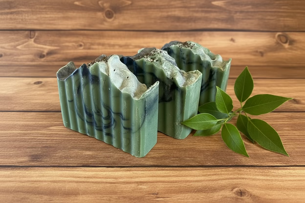 Three  green soap bars with a textured wood surface.