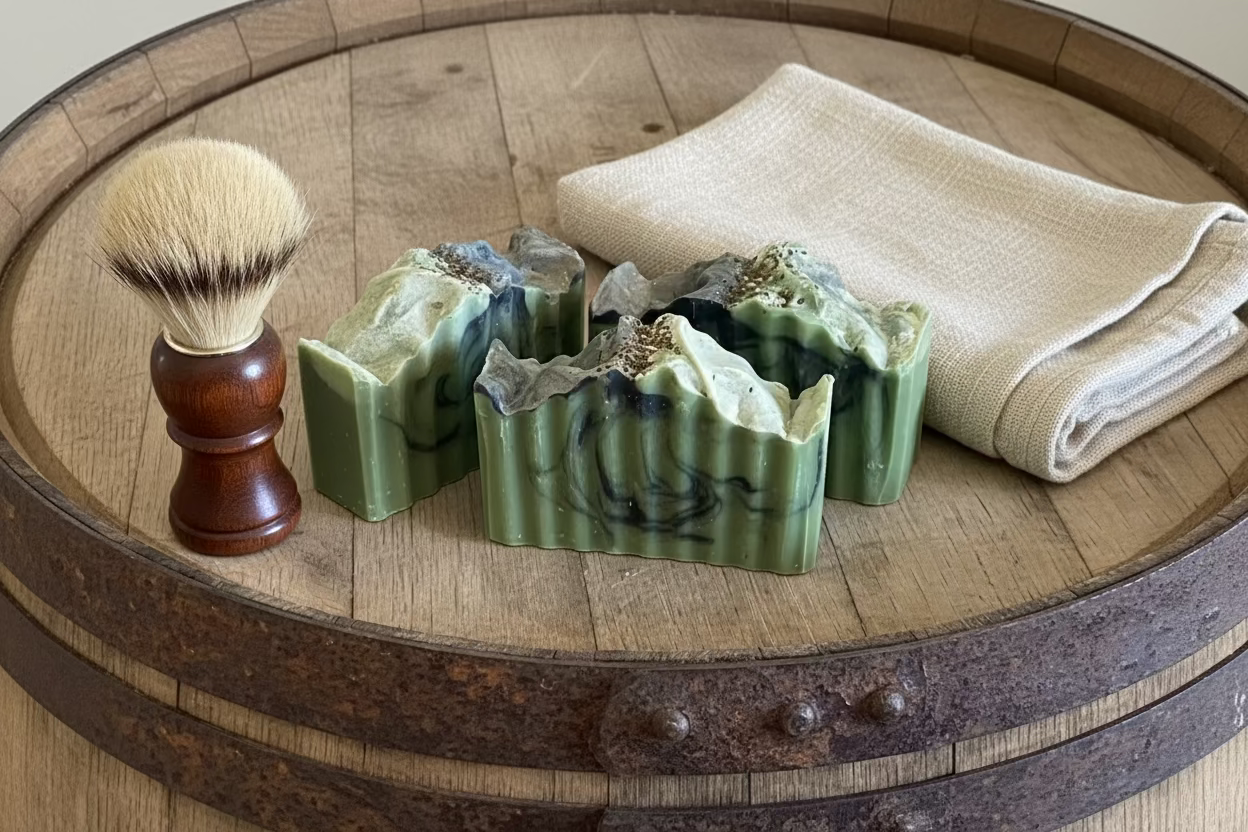 Three green soap bars with textured surface on a wine barrel