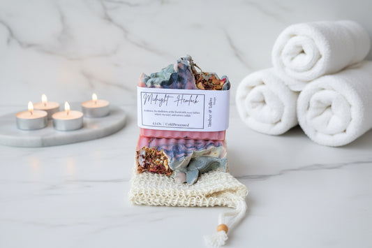 Midnight Hemlock Soap in a spa bathroom setting