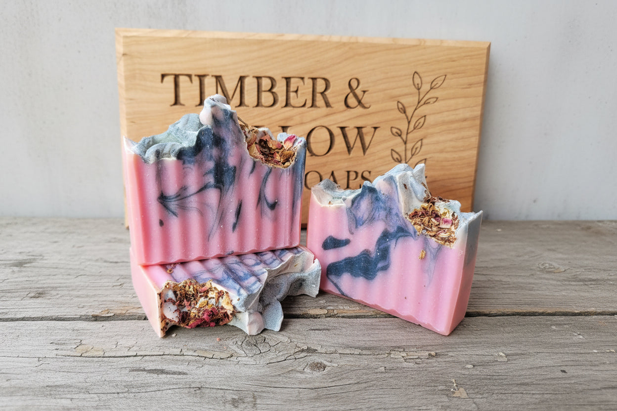 Marbled Black Hemlock soap bars with rose accents on a wooden board with 'Timber & Tallow Soap Sign'