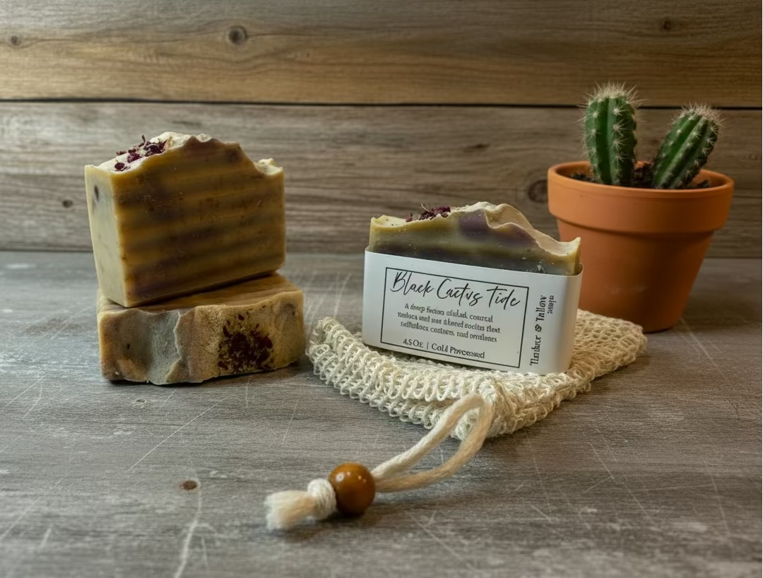 Two bars of soap and a small potted cactus on a wooden surface.