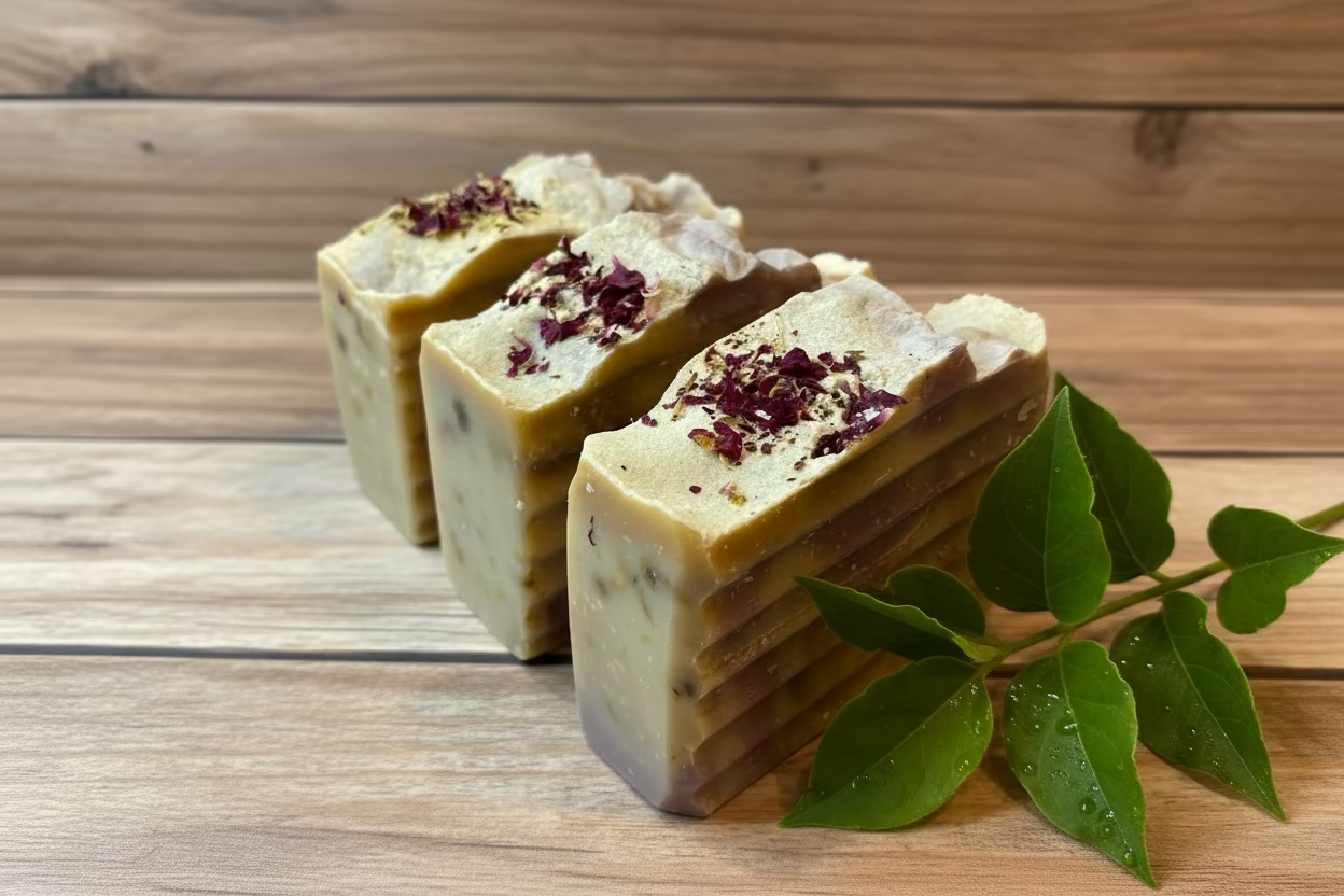 Three bars of soap with dried flowers on a wooden surface with a leaf.