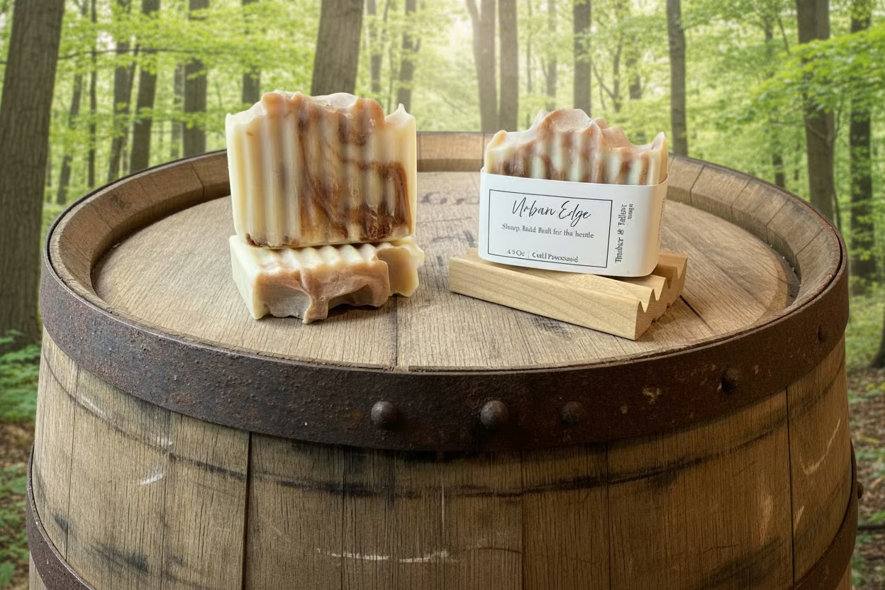 Two bars of soap, one stacked and one on a wooden stand with a label, on a wine barrel