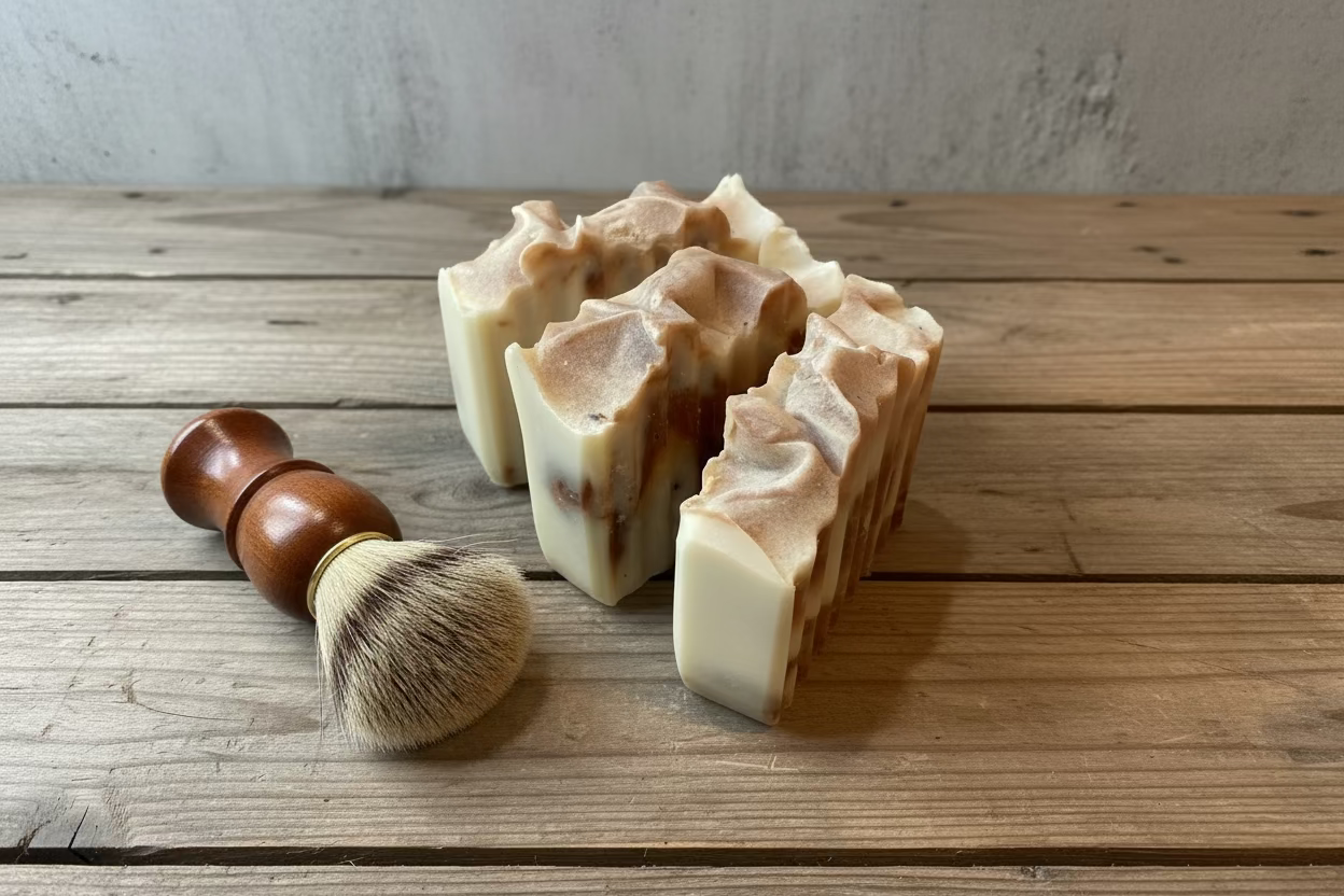 Handmade tallow soaps on a wood surface with a shaving brush.