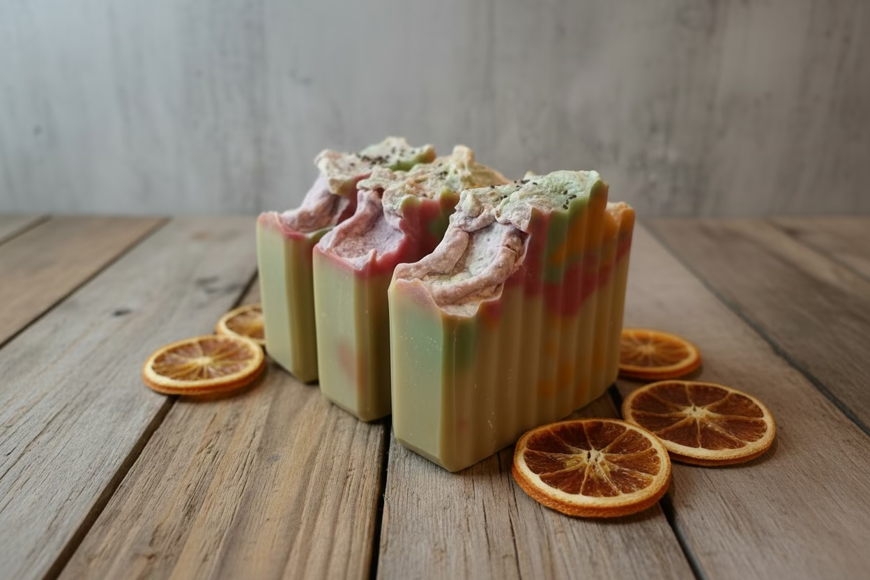 Three rectangular soap bars with a textured wood surface surrounded by dried orange slices