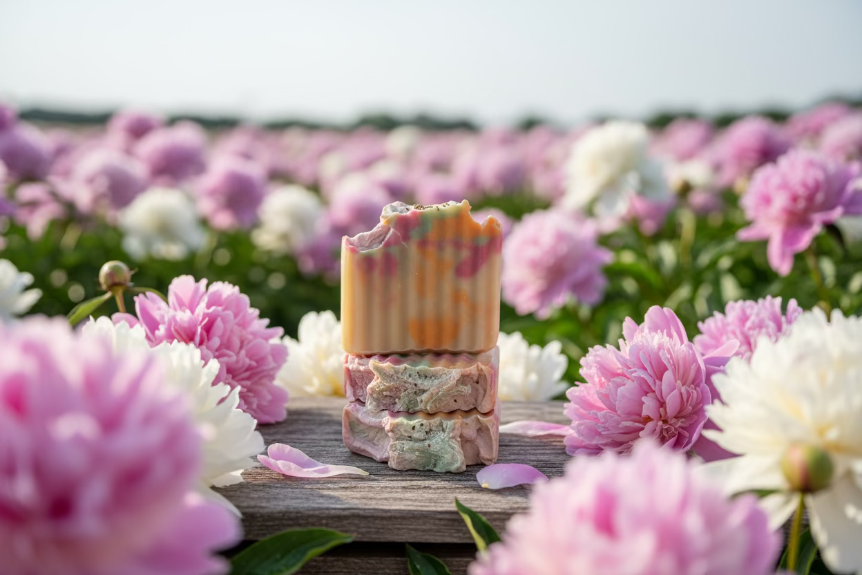 Colorful layered soap in a peony field on a wood surface