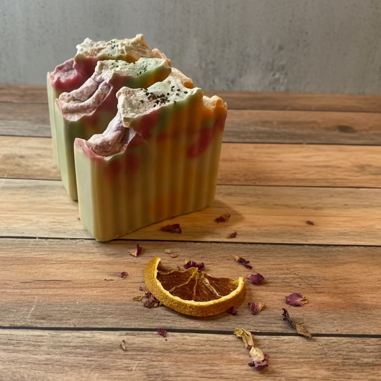 Colorful soap bar with dried orange and flowers on a wood surface