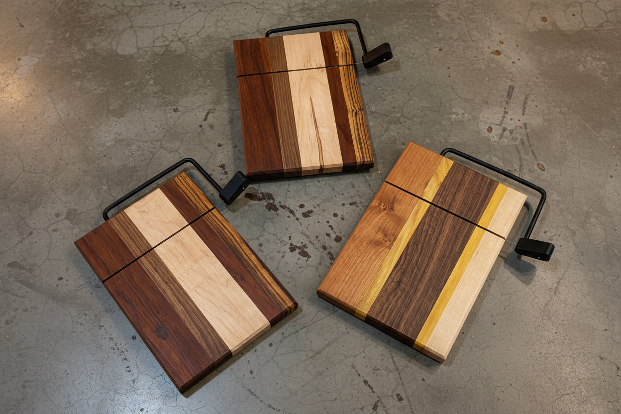Three wooden cutting boards with striped pattern on a concrete surface