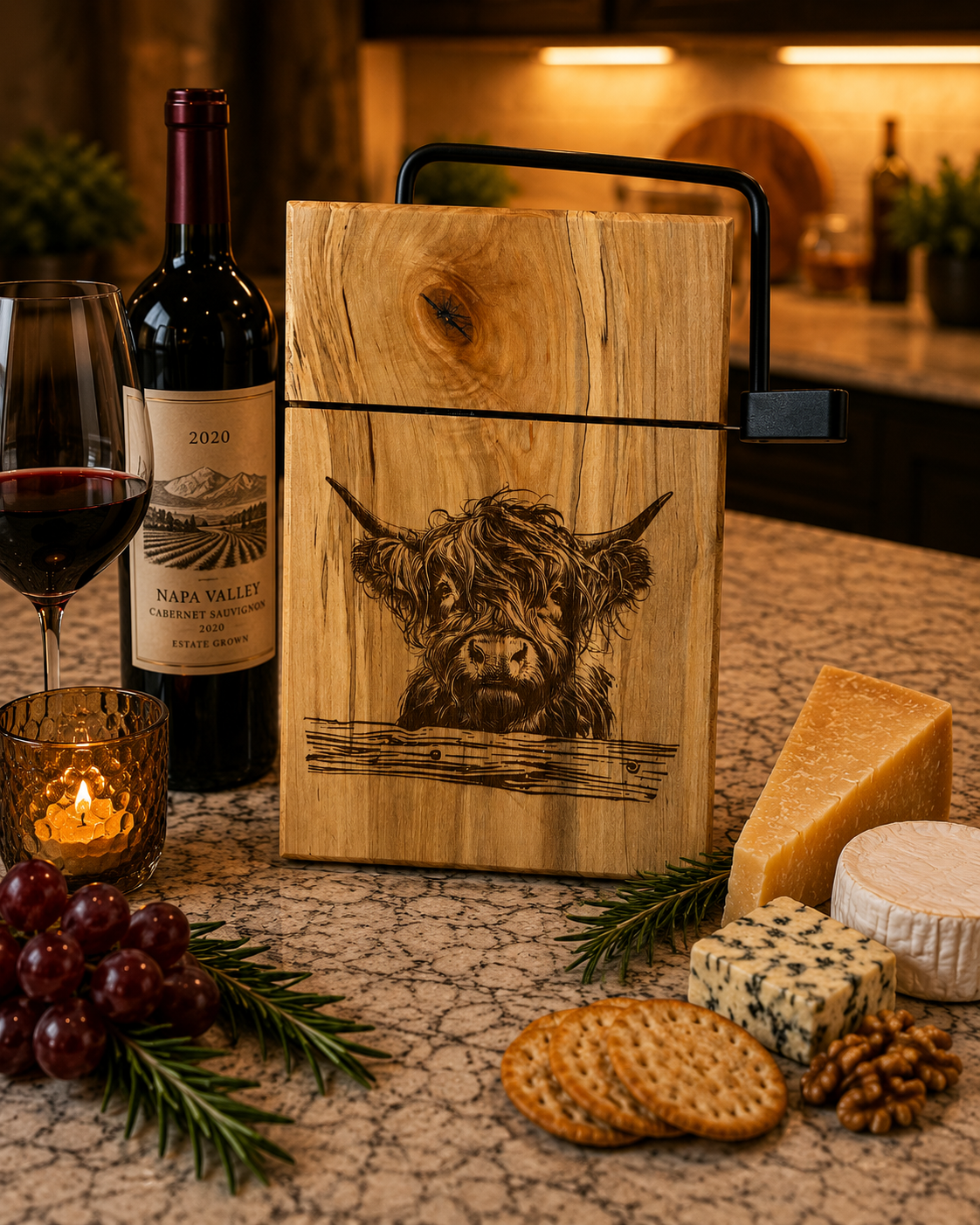 Wooden wine box with highland cow design, wine bottle, glass, grapes, and cheese on a table.