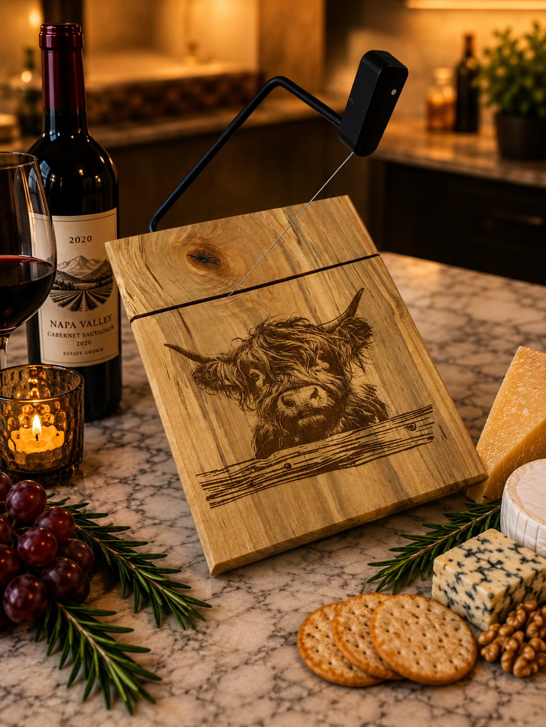 Wooden cutting board with a cow engraving on a marble surface with wine, grapes, and cheese.